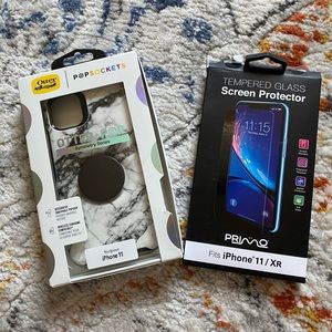 Gently used Otterbox popsocket case + glass screen protector for iPhone 11